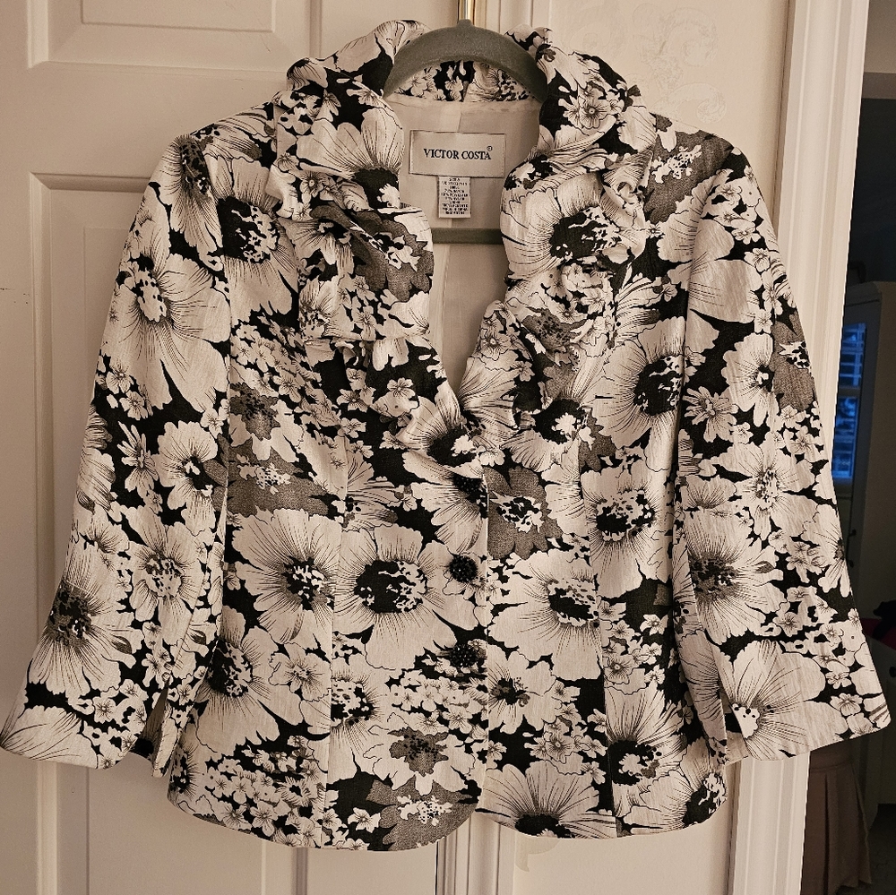VICTOR COSTA Black and White Floral Jacket